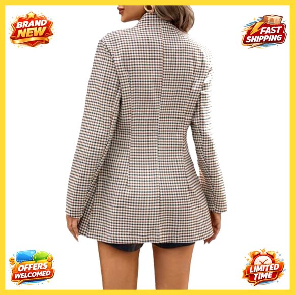 Plaid Houndstooth Blazer Notched Lapel Open Front Office Casual Long Jacket - Picture 4 of 7
